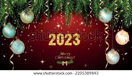 Happy New Year 2023 background with golden sparkling texture. Gold numbers 3, 2, 0, 23 . Postcard with silver, pearly Christmas tree toys. Vector Illustration for holiday greeting card