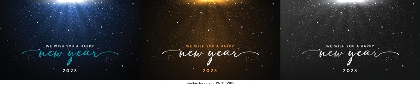 Happy new year 2023 backgrounds with glitters and different colors blue, black, golden