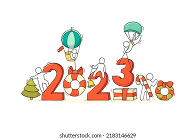 Happy New year 2023 banner with doodle people. Vector sketch illustration of cute little men drawing on easel, paint numbers of year and fly on hot air balloon with hanging Christmas ball