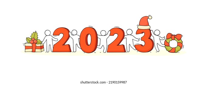 Happy New year 2023 banner with doodle people. Vector sketch illustration of cute little men collect numbers of year