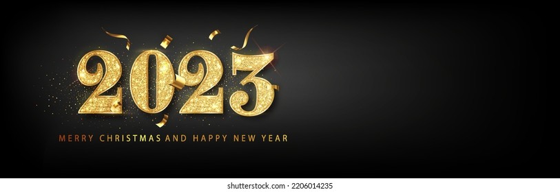 Feliz año nuevo 2023. Golden Vector texto de lujo 2023 Feliz año nuevo. Diseño de Números de Fiesta de Oro. Cartel de Feliz Año Nuevo con números del 2023.