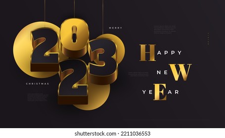 Happy New Year 2023 Banner with Hanging 3D Black and Gold Numbers Isolated on Black Background. 2023 New Year Design for Banner, Poster, or Greeting Card