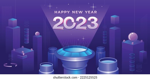 Happy new year 2023 banner logo designs with futuristic modern illustration