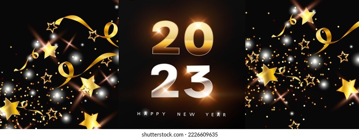 Happy New Year 2023 banner. Vector postcard background with flying golden stars, tinsel, gliter, shiny confetti and golden numbers. Holiday greeting card template