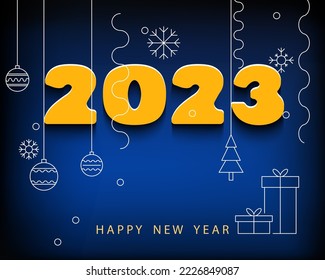 Happy new year 2023 banner. Design of gold and white numbers. White linear pattern of snowflakes, festive decorative toys, boxes on a blue background. Christmas. Elements for calendar, greeting cards