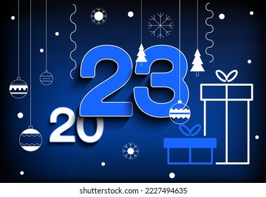Feliz año nuevo 2023. Diseño de números azules y blancos. Patrón lineal blanco de copos de nieve, juguetes decorativos festivos, cajas sobre un fondo azul. Navidad. Elementos para calendario, tarjetas de felicitación