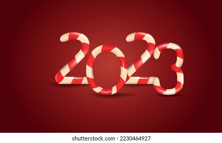 Happy new year 2023 banner. 3d candy cane text 2023 Happy new year on red background.
