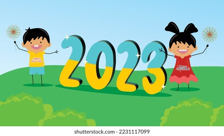 Happy New Year 2023 Banner. Happy kids Celebrating New Year 2023. Decorative text 2023. Vector illustration