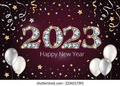 Happy New year 2023 banner with decoration  and gold silver balloon vector illustration