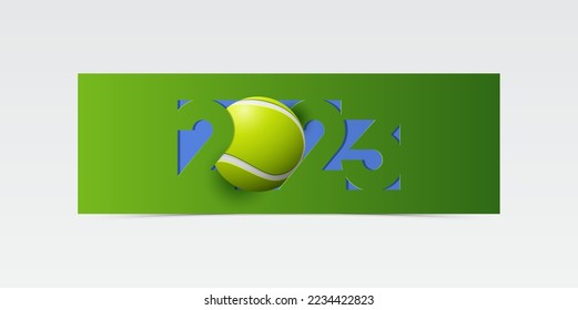 Happy New Year 2023 banner template design with tennis ball and decoration for tennis or sport industry concept. Sport banner for New Year in paper cut style. Vector illustration.