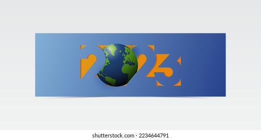 Happy New Year 2023 banner template design with world and decoration for global warming concept. Climate change banner for New Year in paper cut style. Vector illustration.