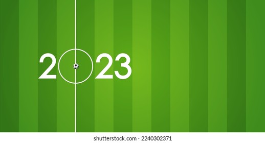 Happy New Year 2023 banner template design with classic soccer ball and decoration for soccer or football industry concept. Sport banner for New Year in paper cut style. Vector illustration.