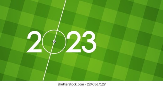 Happy New Year 2023 banner template design with classic soccer ball and football field for soccer or football industry concept. Sport banner for New Year in paper cut style. Vector illustration.