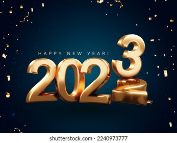 happy new year 2023 banner. luxury vector golden text 2023 happy new year. Golden festive numbers design. Goodbye 2022