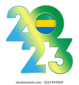 Happy New Year 2023 banner with Gabon flag inside. Vector illustration.