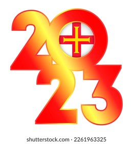 Happy New Year 2023 banner with Guernsey flag inside. Vector illustration.