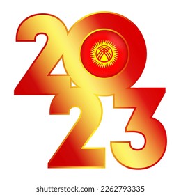 Happy New Year 2023 banner with Kyrgyzstan flag inside. Vector illustration.