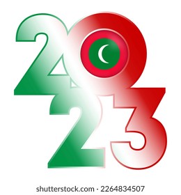 Happy New Year 2023 banner with Maldives flag inside. Vector illustration.