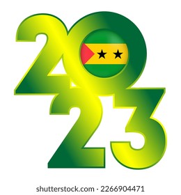 Happy New Year 2023 banner with Saint Thomas and Prince flag inside. Vector illustration.