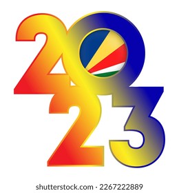 Happy New Year 2023 banner with Seychelles flag inside. Vector illustration.