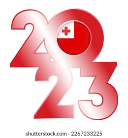 Happy New Year 2023 banner with Tonga flag inside. Vector illustration.