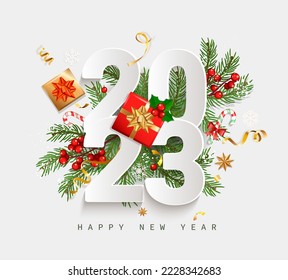 Happy New Year 2023 banner.Numbers on realistic decoration, gift boxes,candy,green fir branches. Great for flyers, greetings and invitations,congratulations cards, web and other design template.Vector