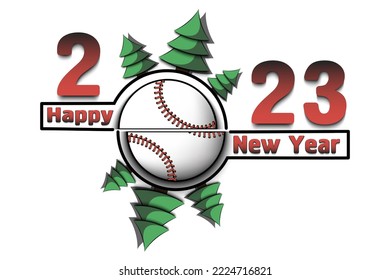 Happy new year. 2023 with baseball ball and Christmas trees. Original template design for greeting card, banner, poster. Vector illustration on isolated background