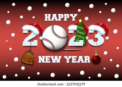 Happy new year. 2023 with baseball ball. Numbers in Christmas hats with baseball glove and Christmas tree ball. Original template design for greeting card. Vector illustration on isolated background