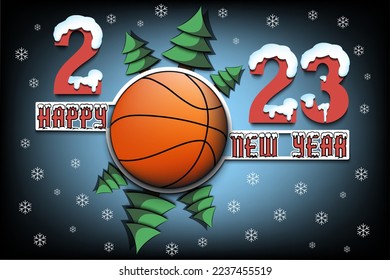 Happy new year. 2023 with basketball ball and Christmas trees. Snowy numbers and letters. Original template design for greeting card, banner, poster. Vector illustration on isolated background