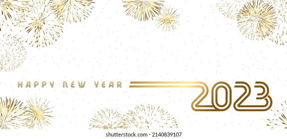 A Happy New Year 2023 beautiful greeting card. White snowy bg. Golden shiny fireworks. Outline stroke style digits. Abstract isolated graphic design template. Creative decoration. Holiday background.