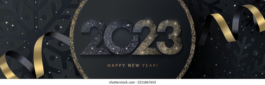 Happy New Year 2023 beautiful sparkling design of numbers on black background with texture of black snowflakes and shining falling snow. Trendy modern winter banner, poster or greeting card template