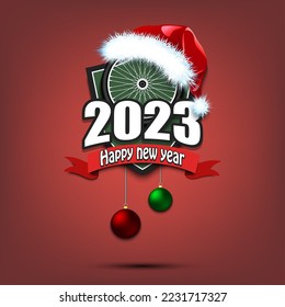 Happy new year 2023. Bicycle logo template design. Bike wheel in santa hat. Design pattern for greeting card, banner, poster. Vector illustration on isolated background
