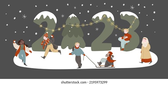 Happy New Year 2023 big numbers with winter landscape in city with people celebrating Christmas eve. Winter wonderland in town with kids sledding and playing snowballs in park. Vector flat cartoon 