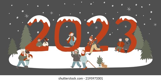 Happy New Year 2023 big numbers with winter landscape in city with people celebrating Christmas eve. Winter wonderland in town with kids sledding and playing snowballs in park. Vector flat cartoon 