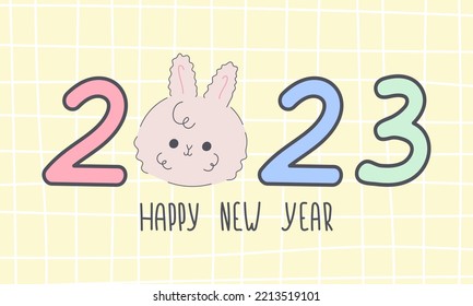 Happy new year 2023. Big numbers with a cute rabbit symbol of the year.Chinese horoscope