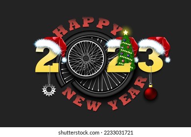 Happy new year. 2023 with bike wheel. Numbers in Christmas hats with bicycle star and Christmas tree ball. Original template design for greeting card. Vector illustration on isolated background