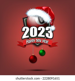 Happy new year 2023. Billiard logo template design. Billiard ball in santa hat. Design pattern for greeting card, banner, poster. Vector illustration on isolated background
