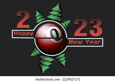 Happy new year. 2023 with billiard ball and Christmas trees. Original template design for greeting card, banner, poster. Vector illustration on isolated background
