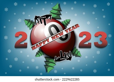 Happy new year. 2023 with billiard ball, Christmas trees and billiard player. Original template design for greeting card, banner, poster. Vector illustration on isolated background