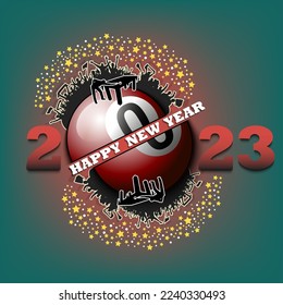 Happy new year 2023 and billiard ball with billiard player and fans. Creative design pattern for greeting card, banner, poster, flyer, party invitation. Vector illustration