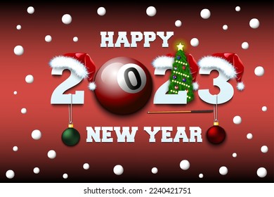 Happy new year. 2023 with billiard ball. Numbers in Christmas hats with cue and Christmas tree ball. Original template design for greeting card. Vector illustration on isolated background