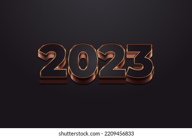 Happy New Year 2023 with Black and Gold 3D Numbers Isolated on Black Background. New Year Design for Banner, Poster and Greeting Card