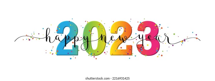 HAPPY NEW YEAR 2023 black vector brush calligraphy banner with colorful confetti