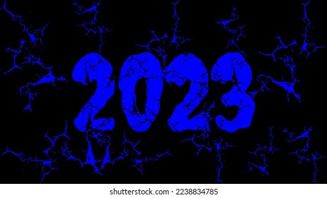 Happy New Year 2023. Blue text with cracks effect isolated on black background. Suitable for greeting card, banner, poster, logo, business