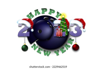 Happy new year. 2023 with bowling ball. Numbers in Christmas hats and Christmas tree ball. Original template design for greeting card. Vector illustration on isolated background