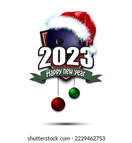 Happy new year 2023. Bowling logo template design. Bowling ball in santa hat. Design pattern for greeting card, banner, poster. Vector illustration on isolated background