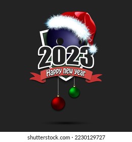 Happy new year 2023. Bowling logo template design. Bowling ball in santa hat. Design pattern for greeting card, banner, poster. Vector illustration on isolated background