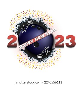Happy new year 2023 and bowling ball with bowling player and fans. Creative design pattern for greeting card, banner, poster, flyer, party invitation. Vector illustration