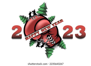 Happy new year. 2023 with boxing glove, Christmas trees and boxing player. Original template design for greeting card, banner, poster. Vector illustration on isolated background