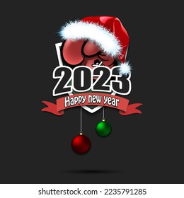 Happy new year 2023. Boxing logo template design. Boxing glove in santa hat. Design pattern for greeting card, banner, poster. Vector illustration on isolated background